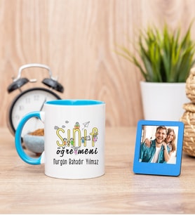 Sınıf Öğretmeni Mavi Kupa Bardak ve Mavi Mini Fotoğraf Çerçevesi