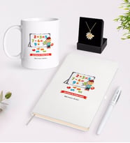 BK Gift Kişiye Özel Matematik Öğretmeni Beyaz Kupa Defter Kalem ve İsimli Papatya Kolye Hediye Seti-5 (Model 1)