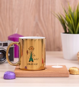 Erkek Diş Hekimi Karikatürü Ahşap Altlıklı Mumlu Gold Kupa Bardak
