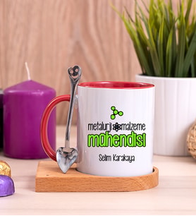Metalurji ve Malzeme Mühendisi Ahşap Altlıklı Kırmızı Kupa Bardak