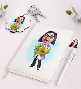 BK Gift Kişiye Özel Kadın Diyetisyen Karikatürlü Beyaz Defter Kalem ve Anahtarlık Hediye Seti (Model 1)