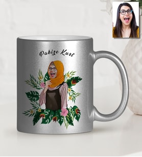 BK Gift Kişiye Özel Türbanlı Karikatürlü Gümüş Yaldız Kupa Bardak 39762