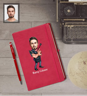 Kişiye Özel Berber Karikatürlü Kırmızı Defter Kalem Hediye Seti   Bay-4