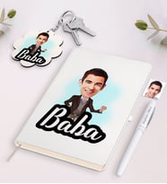 BK Gift Kişiye Özel Baba Karikatürlü Beyaz Defter Kalem ve Anahtarlık Hediye Seti (Model 1)