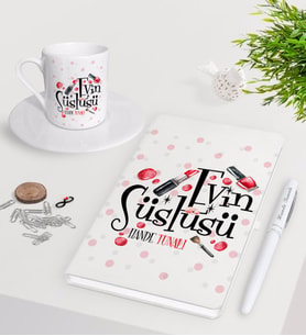 BK Gift Kişiye Özel Evin Süslüsü Beyaz Defter Kalem Türk Kahvesi Fincanı Seti-4 (Model 1)