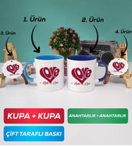 İkili Mavi Lacivert Love Tasarımlı Sevgililer Günü Hediyesi Kupa Bardak Anahtarlık