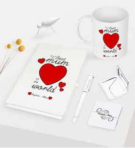 BK Gift Kişiye Özel Dünyanın En İyi Annesi Beyaz Defter Kalem Kupa Ayna Seti - 12 (Model 1)