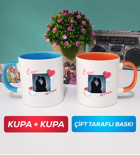 İkili Sevgiliye Sevgililer Günü Hediyesi 7 Kupa Bardak Mavi Turuncu
