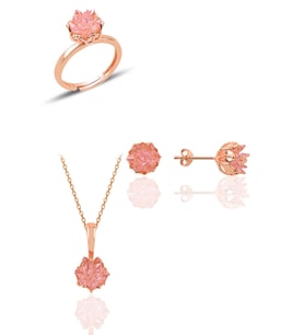 Söğütlü Silver Gümüş Lotus çiçeği modeli pembe renkli taşlı üçlü set