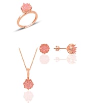 Söğütlü Silver Gümüş Lotus çiçeği modeli pembe renkli taşlı üçlü set