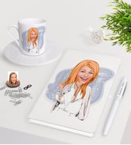 BK Gift Kişiye Özel Bayan Model Karikatürlü Beyaz Defter Kalem Türk Kahvesi Fincanı Seti-2 (Model 1)