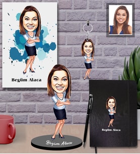 Kişiye Özel Öğretmen Karikatürlü 5 li Hediye Seti Bayan-5