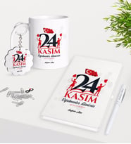 BK Gift Kişiye Özel Öğretmenler Gününüz Kutlu Olsun Kupa Anahtarlık Beyaz Defter Kalem Hediye Seti-2 (Model 1)