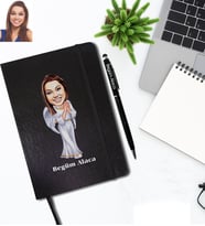 Kişiye Özel Bayan Karikatürlü Siyah Defter Kalem Hediye Seti Model-8