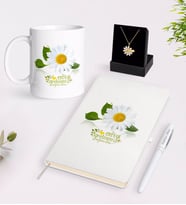BK Gift Kişiye Özel Papatya Temalı En İyi Öğretmen Beyaz Kupa Defter Kalem ve İsimli Papatya Kolye Hediye Seti-4 (Model 1)
