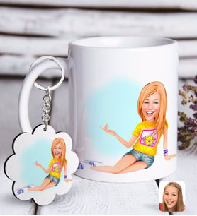 BK Gift Kişiye Özel Bayan Karikatürlü Beyaz Kupa ve Anahtarlık Hediye Seti-42 (Model 1)