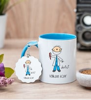 Erkek Diş Hekimi Karikatürü Mavi Kupa Bardak Ve Anahtarlık Set