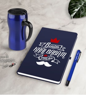 BK Gift Kişiye Özel Benim Kral Babam Lacivert Defter Kalem Termos Mug Seti (Model 1)