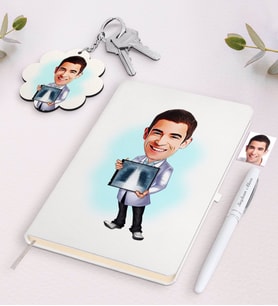 BK Gift Kişiye Özel Erkek Radyoloji Uzmanı Karikatürlü Beyaz Defter Kalem ve Anahtarlık Hediye Seti (Model 1)