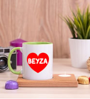 İsim Yazılı Kırmızı Kalpli Ahşap Altlıklı Mumlu Yeşil Kupa Bardak