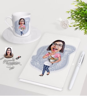 BK Gift Kişiye Özel Ev Hanımı Karikatürlü Beyaz Defter Kalem Türk Kahvesi Fincanı Seti-3 (Model 1)