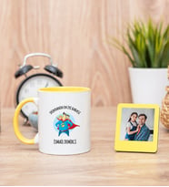 Süper Baba Sarı Kupa Bardak ve Sarı Mini Fotoğraf Çerçevesi