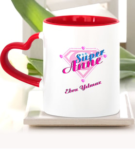 BK Gift Kişiye Özel Süper Anne Kırmızı Kalpli Kupa Bardak  2
