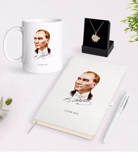 BK Gift Kişiye Özel Atatürk Temalı Beyaz Kupa Defter Kalem ve İsimli Papatya Kolye Hediye Seti-15 (Model 1)