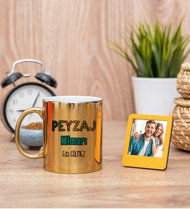 Peyzaj Mimarı Gold Kupa Bardak ve Sarı Mini Fotoğraf Çerçevesi