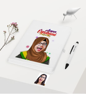 BK Gift Kişiye Özel Tesettürlü Bayan Öğretmen Temalı Karikatürlü Beyaz Defter Kalem Hediye Seti - 3