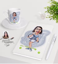 BK Gift Kişiye Özel Bayan Tenis Oyuncusu Karikatürlü Beyaz Defter Kalem Türk Kahvesi Fincanı Seti-1 (Model 1)