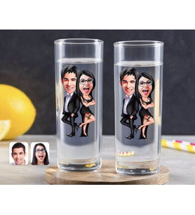 BK Gift Kişiye Özel Renkli Baskılı Sevgililer Karikatürlü İkili Vodka Bardağı-6 (Beyaz)