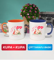 İkili Sevgiliye Sevgililer Günü Hediyesi 5 Kupa Bardak Turuncu Lacivert