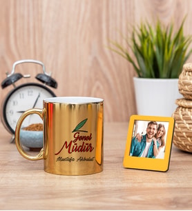Genel Müdür Gold Kupa Bardak ve Sarı Mini Fotoğraf Çerçevesi