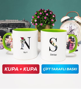 İkili Kişiye Özel Baş Harf ve İsim Yazılı Kupa Bardak Yeşil