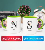 İkili Kişiye Özel Baş Harf ve İsim Yazılı Kupa Bardak Yeşil