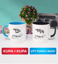 İkili Çiftlere Özel Mr Mrs Sevgiliye Hediye Kupa Bardak Mavi Siyah
