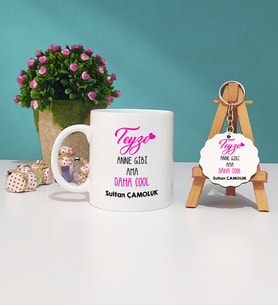 Teyzeye Hediye Kişiye Özel Teyze Kupa Bardak ve Ahşap Anahtarlık Seti