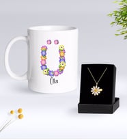 BK Gift Kişiye Özel Çiçek Temalı Harf Kupa ve Papatya Kolye Hediye Seti-25 (Model 1)