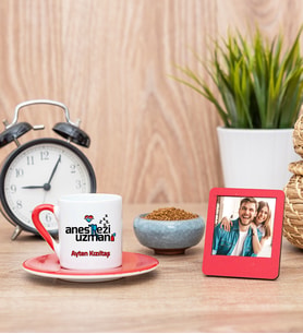 Anestezi Uzmanı Kırmızı Kahve Fincanı ve Kırmızı Mini Fotoğraf Çerçevesi