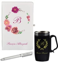 Kişiye Özel Şık Çiçek Desenli Hediye Defter Kalem Ve Siyah Termos Mug Seti