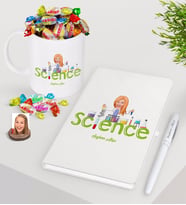 BK Gift Kişiye Özel Bayan Fen Bilimleri Öğretmeni Beyaz Defter Kalem Şekerli Kupa Seti-1 (Model 1)