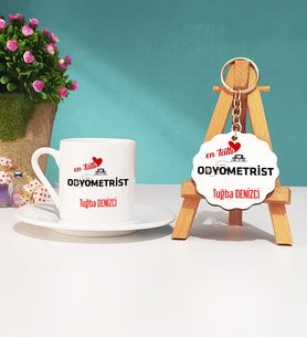 Mesajlı Odyometrist Tasarımlı Kişiye Özel Odyometrist Türk Kahvesi Fincanı ve Anahtarlık Hediye Seti