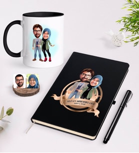 BK Gift Kişiye Özel Yılın En Mükemmel Çifti Karikatürlü Siyah Defter Kalem ve Kupa Seti-60 (Model 1)