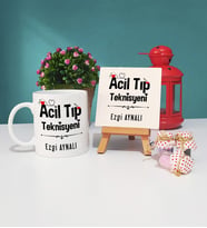 Acil Tıp Teknisyeni Tasarımlı Kişiye Özel Hediye Acil Tıp Teknisyeni Kupa Bardak ve Dekoratif Taş Baskı Seti