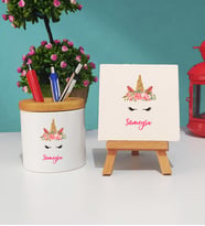 Unicorn Tasarımlı Hediye Kişiye Özel Unicorn Kalemlik ve Dekoratif Taş Baskı Hediye Seti