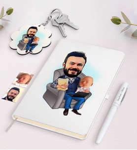 BK Gift Kişiye Özel Baba Oğul Karikatürlü Beyaz Defter Kalem ve Anahtarlık Hediye Seti-1 (Model 1)