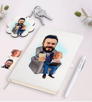 BK Gift Kişiye Özel Baba Oğul Karikatürlü Beyaz Defter Kalem ve Anahtarlık Hediye Seti-1 (Model 1)