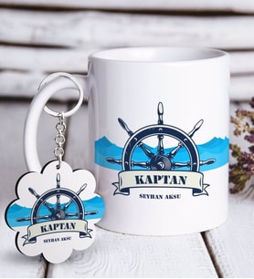 BK Gift Kişiye Özel Mesleki Kaptan Beyaz Kupa ve Anahtarlık Hediye Seti-9 (Model 1)