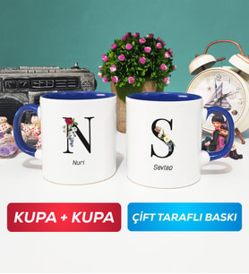 İkili Kişiye Özel Baş Harf ve İsim Yazılı Kupa Bardak Lacivert